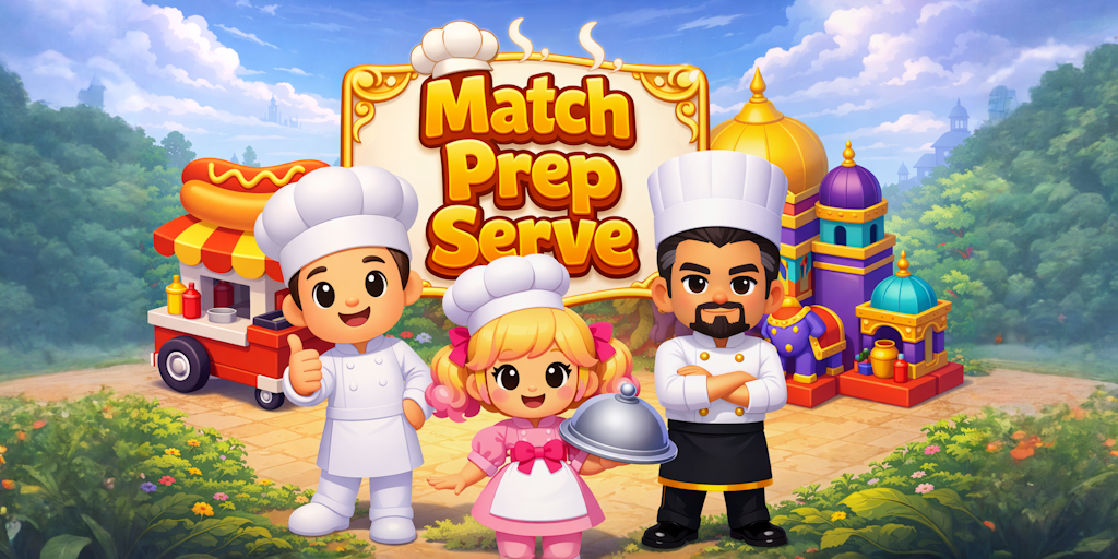 Match Prep Serve — three cartoon chefs standing in front of restaurants